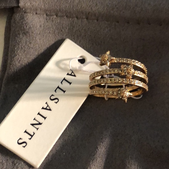 ALLSAINTS Gold Tone Star Coil Ring Crystal Accents Size 7 NWT & Dust Bag - Picture 4 of 12
